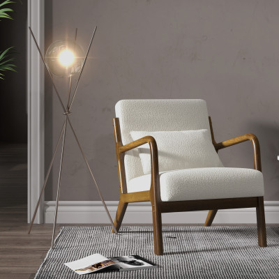 ZACK-Fauteuil en tissu Curly Ecru et bois teinté noyer