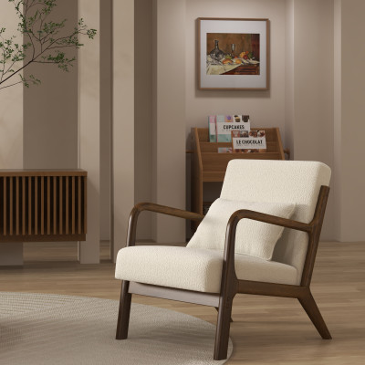 ZACK-Sillón de tela Curly Ecru y madera teñida de nogal