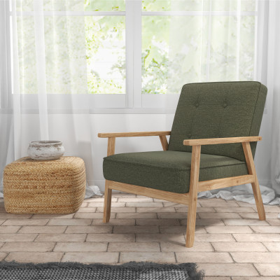 DOUGLAS-Sillón de tela verde y madera natural