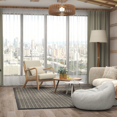 ZACK-Poltrona in tessuto  Ecru e legno naturale