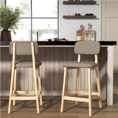 CLIFF-2er Set Barhocker, Brauner Stoff und Naturholz