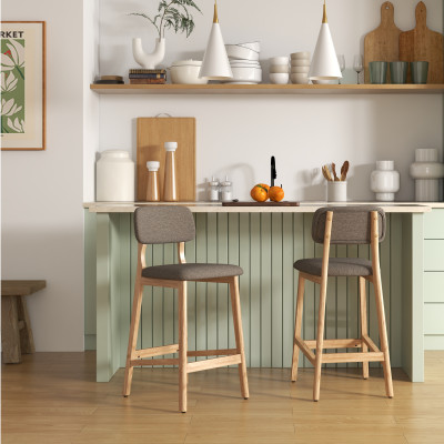 CLIFF-Tabouret de bar, Tissu SoftCellar Taupe et bois naturel (x2)