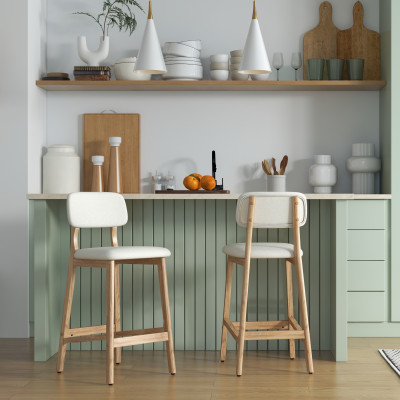 CLIFF-Tabouret de bar, Tissu SoftCellar Ecru et bois naturel (x2)