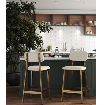 CLIFF-Tabouret de bar,Tissu SoftCellar Ecru et bois teinté noyer (x2)