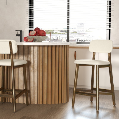 CLIFF-Tabouret de bar,Tissu SoftCellar Ecru et bois teinté noyer (x2)