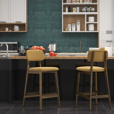 CLIFF-Tabouret de bar,Tissu SoftCellar Safran bois teinté noyer (x2)