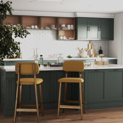 CLIFF-2er Set Barhocker,Stoff Safran und Holz Walnuss