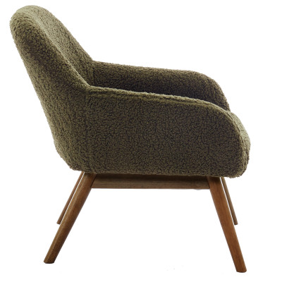 MALMO-Fauteuil en tissu bouclette Army et bois noyer