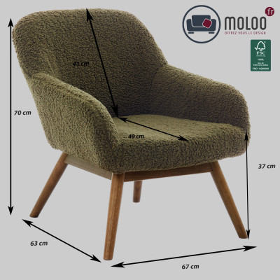 MALMO-Fauteuil en tissu bouclette Army et bois noyer