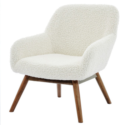 MALMO-Fauteuil en tissu bouclette Ecru et bois noyer