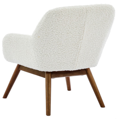 MALMO-Fauteuil en tissu bouclette Ecru et bois noyer