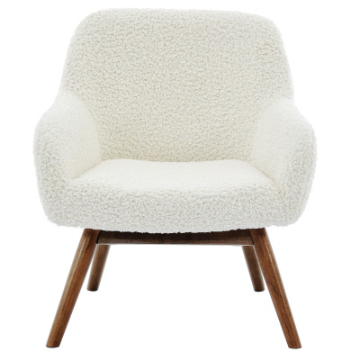 MALMO-Fauteuil en tissu bouclette Ecru et bois noyer