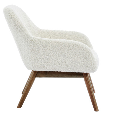 MALMO-Fauteuil en tissu bouclette Ecru et bois noyer
