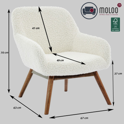 MALMO-Fauteuil en tissu bouclette Ecru et bois noyer