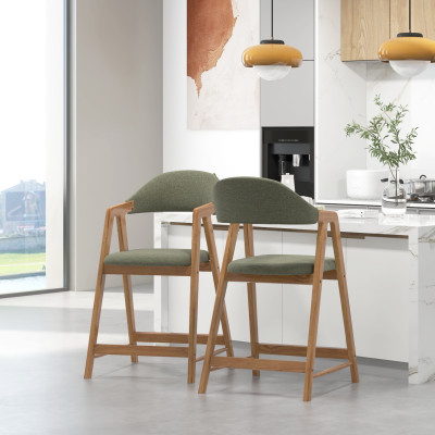 CAMILLE-Silla de bar, tela verde y fresno natural (x2)