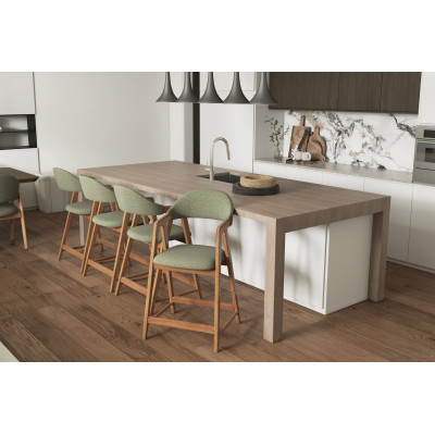 CAMILLE-Silla de bar, tela verde y fresno natural (x2)