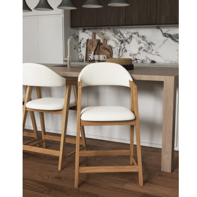 CAMILLE-Chaise de bar en tissu Curly Ecru et Frêne naturel (x2)