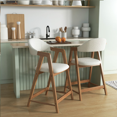 CAMILLE-Chaise de bar en tissu Curly Ecru et Frêne naturel (x2)