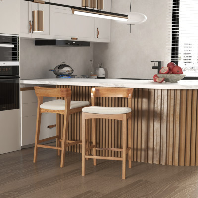 TINO-Taburete de bar de roble macizo y tejido Bliss Ecru