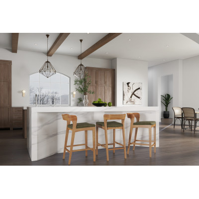 TINO-Tabouret de bar en Chêne massif naturel et tissu Bliss Sauge