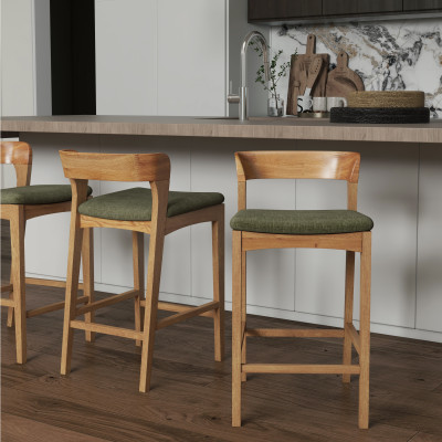 TINO-Tabouret de bar en Chêne massif naturel et tissu Bliss Sauge