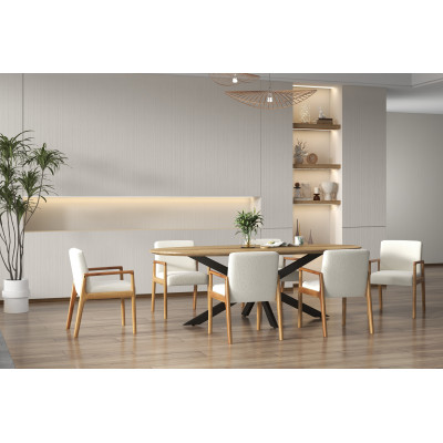 ALBAN-Fauteuil de table en tissu Curly Ecru et Frêne naturel (x2)