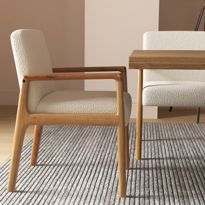 ALBAN-Fauteuil de table en tissu Curly Ecru et Frêne naturel (x2)