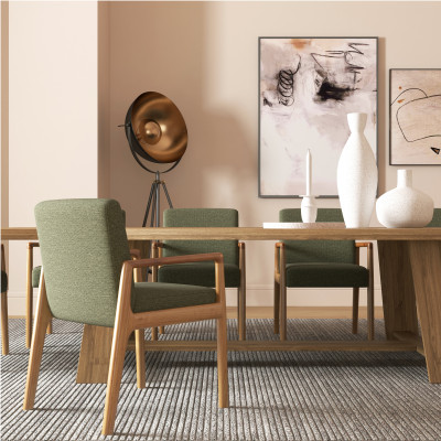 ALBAN-Sillón de mesa, tela verde y fresno natural (x2)