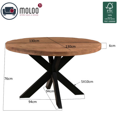 MANAUS-Table repas Ronde D130 cm en bois massif et métal