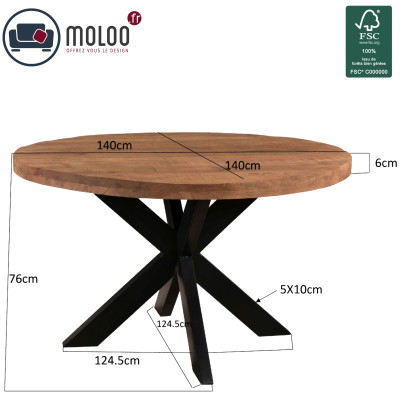 MANAUS-Table repas Ronde D140 cm en bois massif et métal