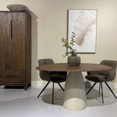 DYLON-Table repas Ronde D140 cm, bois massif Noyer et Ivoire