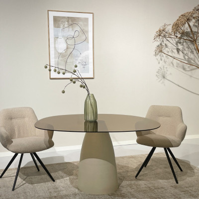 DYLON-Table repas Ronde D.140 cm, Verre fumé et Ivoire