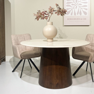 CINNO-Table repas Ronde D130 cm en Marbre et Bois massif noyer