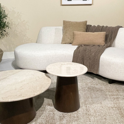 CINNO-Table basse ronde D45cm en Marbre et Bois massif noyer