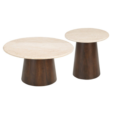CINNO-Table basse ronde D45cm en Marbre et Bois massif noyer