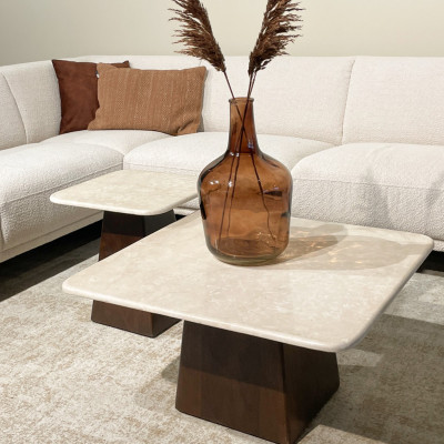 CINNO-Table basse carrée 45cm en Marbre et Bois massif noyer