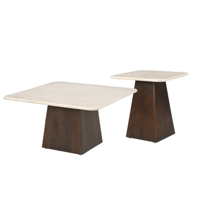 CINNO-Table basse carrée 45cm en Marbre et Bois massif noyer