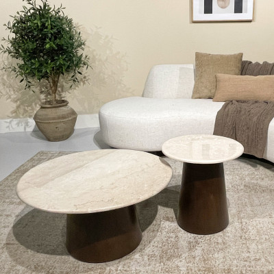 CINNO-Table basse ronde D75 en Marbre et Bois massif noyer