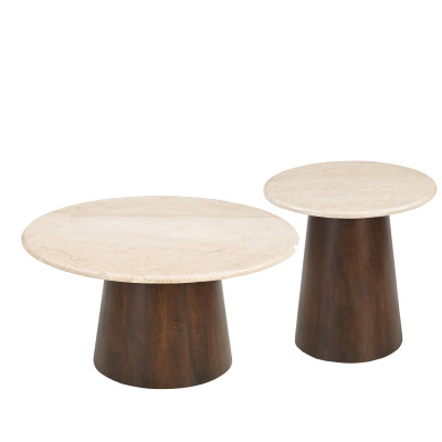 CINNO-Table basse ronde D75 en Marbre et Bois massif noyer