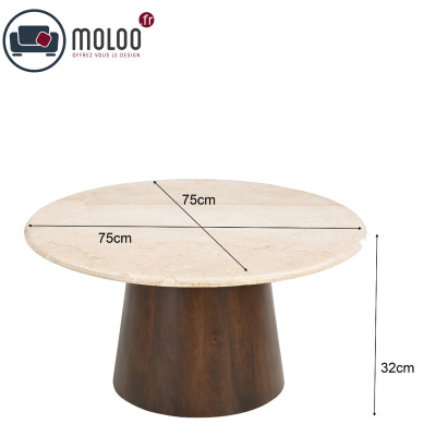 CINNO-Table basse ronde D75 en Marbre et Bois massif noyer