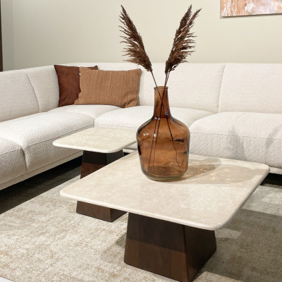 CINNO-Table basse carré 75 cm en Marbre et Bois massif noyer