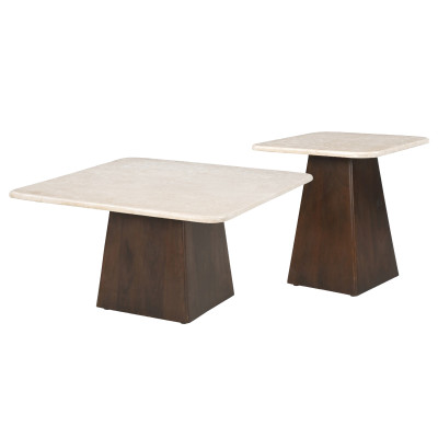 CINNO-Table basse carré 75 cm en Marbre et Bois massif noyer
