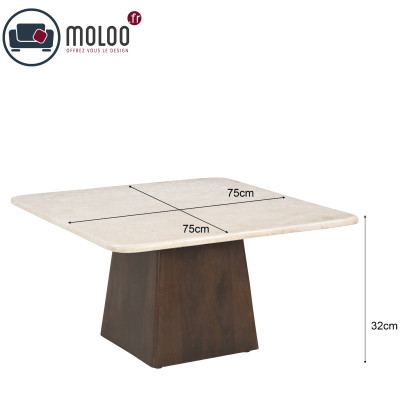 CINNO-Table basse carré 75 cm en Marbre et Bois massif noyer