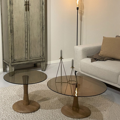 RODO-Table basse ronde D60 cm en Verre fumé et bois massif