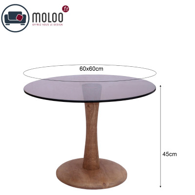 RODO-Table basse ronde D60 cm en Verre fumé et bois massif
