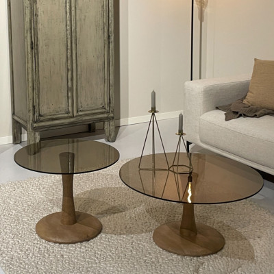 RODO-Table basse ronde D75 cm en Verre fumé et bois massif