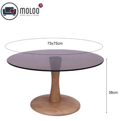 RODO-Table basse ronde D75 cm en Verre fumé et bois massif