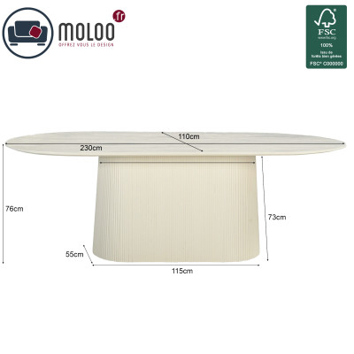DOLCE-Table repas Ovale L.230 cm en bois massif Ivoire