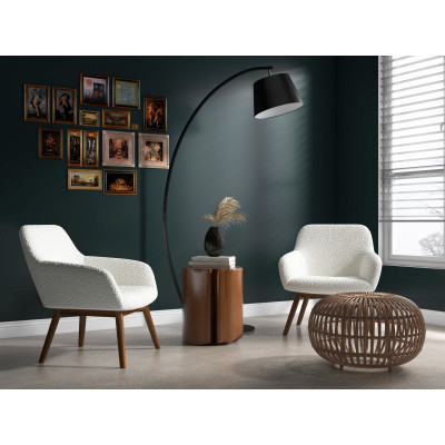 MALMO-Fauteuil en tissu bouclette Ecru et bois noyer