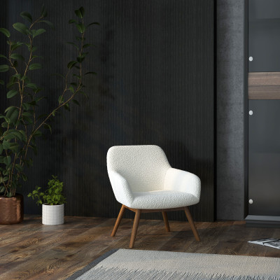 MALMO-Fauteuil en tissu bouclette Ecru et bois noyer